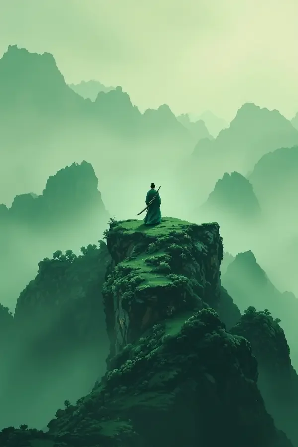 电影天堂时间感配图：青绿色山峦间，一人站在岩石上
